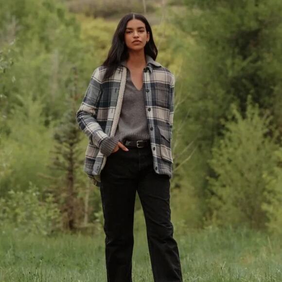 JENNI KAYNE Farmhouse Shearling Lined Chore Jacket Wool Navy Plaid Heritage - Picture 2 of 7